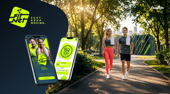 Identidade Fit Net Gyms com a app em dois telemóveis e um casal a caminhar num parque junto ao ginásio