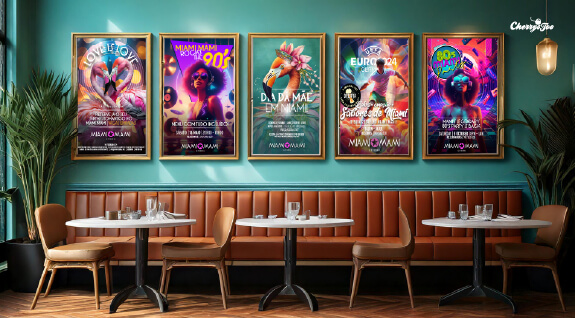 Cinco cartazes de eventos Miami Mami emoldurados numa parede verde de restaurante