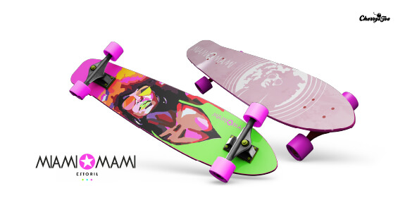 Dois longboards Miami Mami com ilustração pop art em rosa e verde