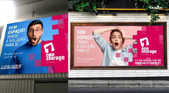 Cartazes de rua com campanha de armazenamento em rosa e azul